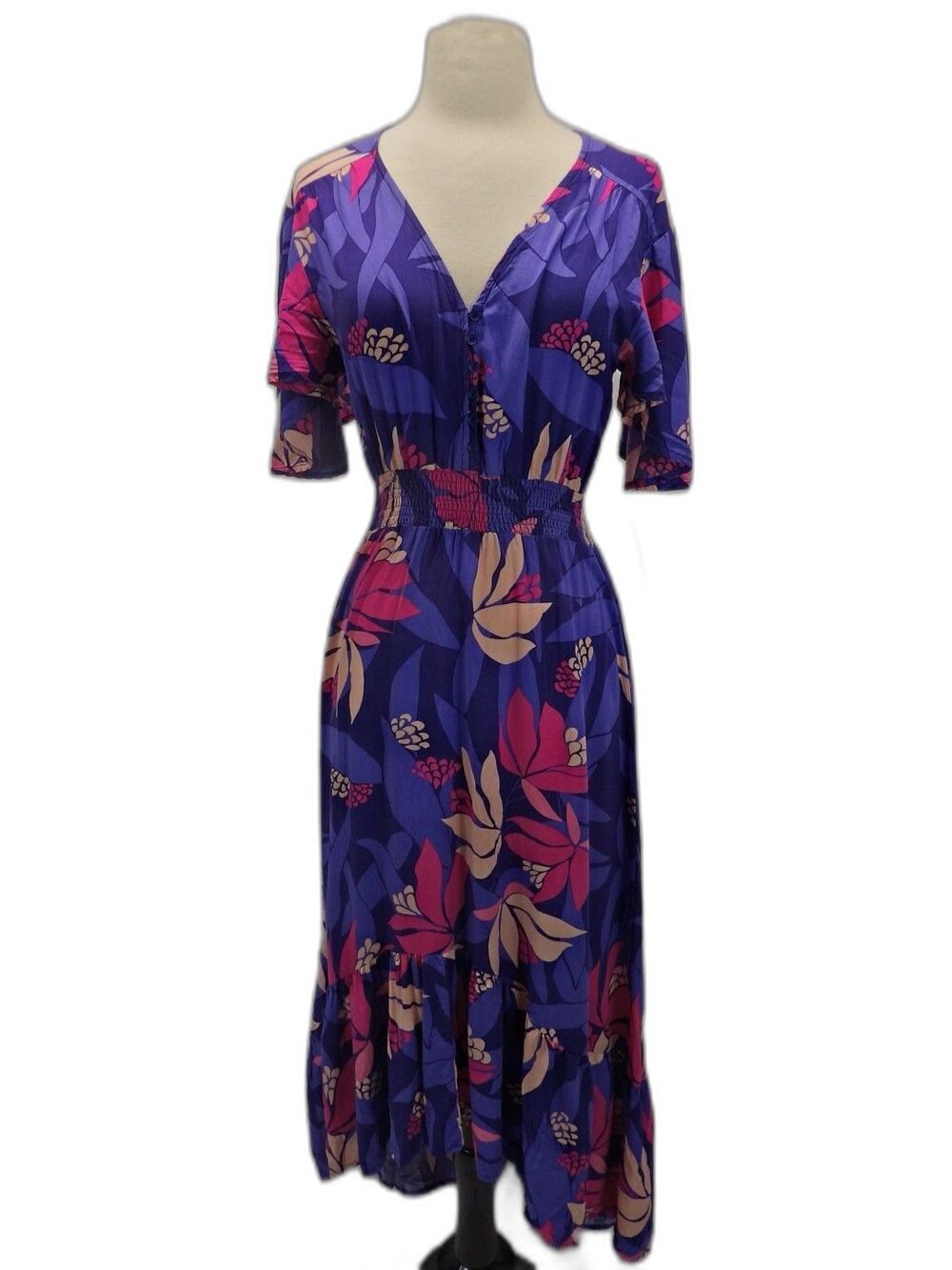 Anthropologie Abel The Label Maxi Dress XS Smocked Tiered Ruffle Flutter Coastal